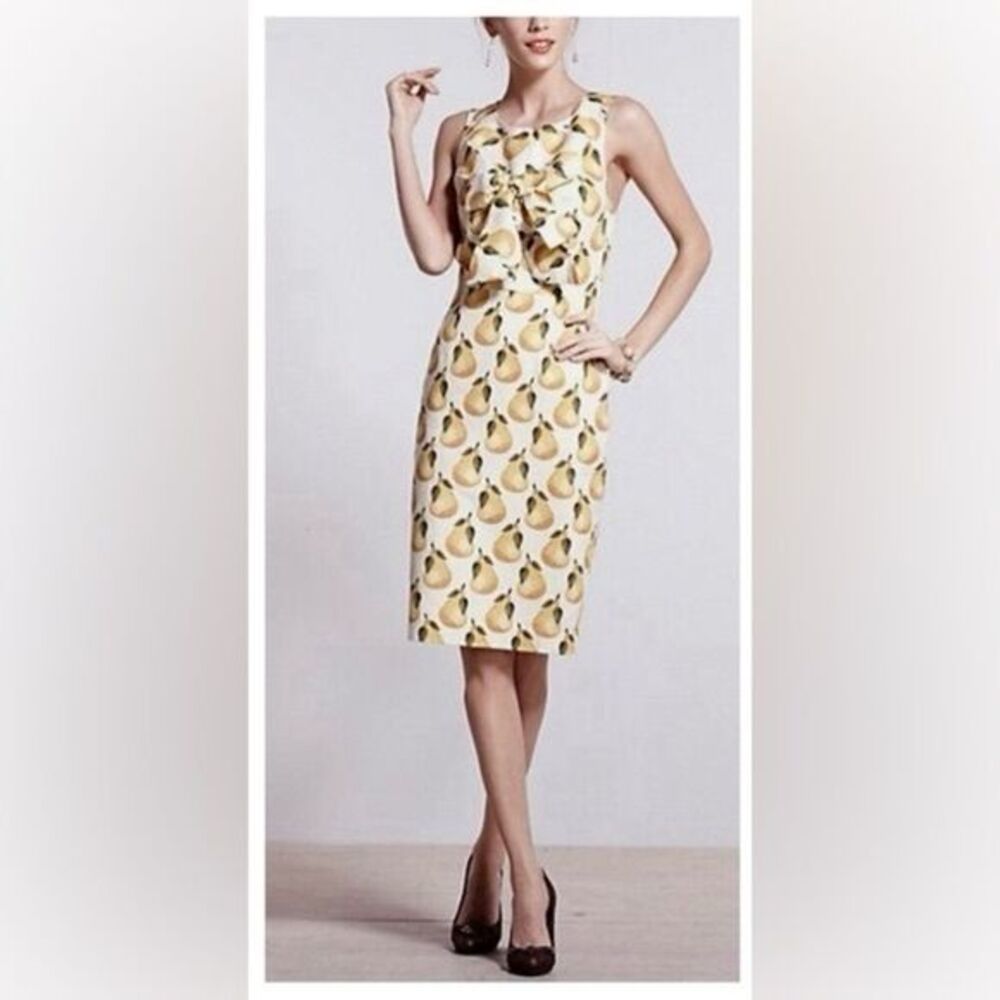 Anthropologie Lula pear fruit shift midi cotton dress yellow size 6